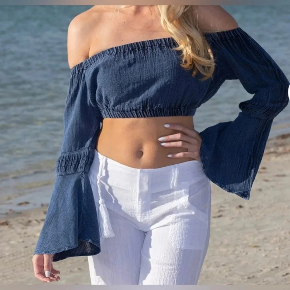 Natural Cotton FLARE MIDNIGHT BLUE OFF-SHOULDER cropped top long sleeve size M - Picture 3 of 16